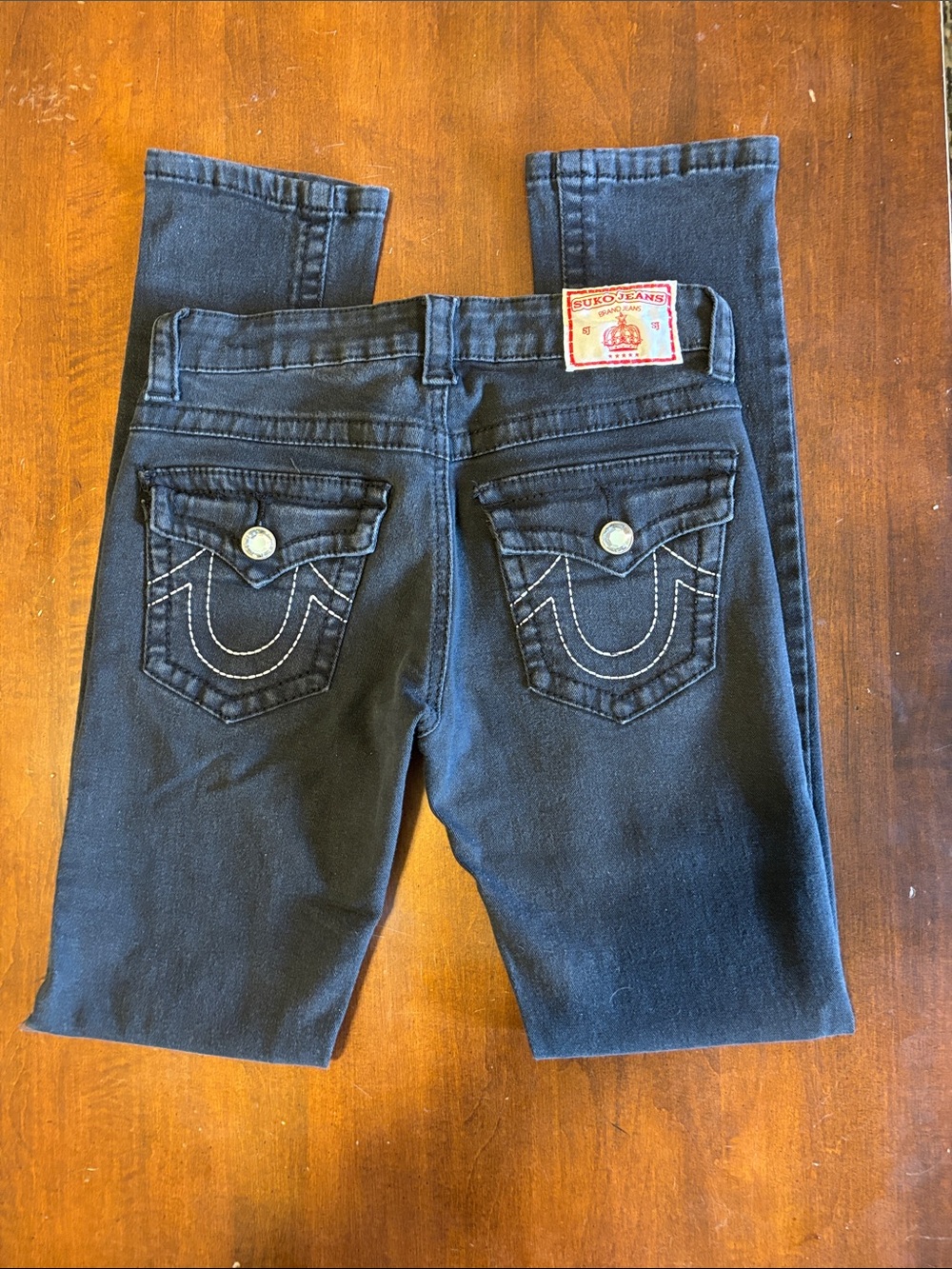 SUKO Size 5 Skinny Jeans Faded Black Bling Buttons Back Flap Pockets (L-130)